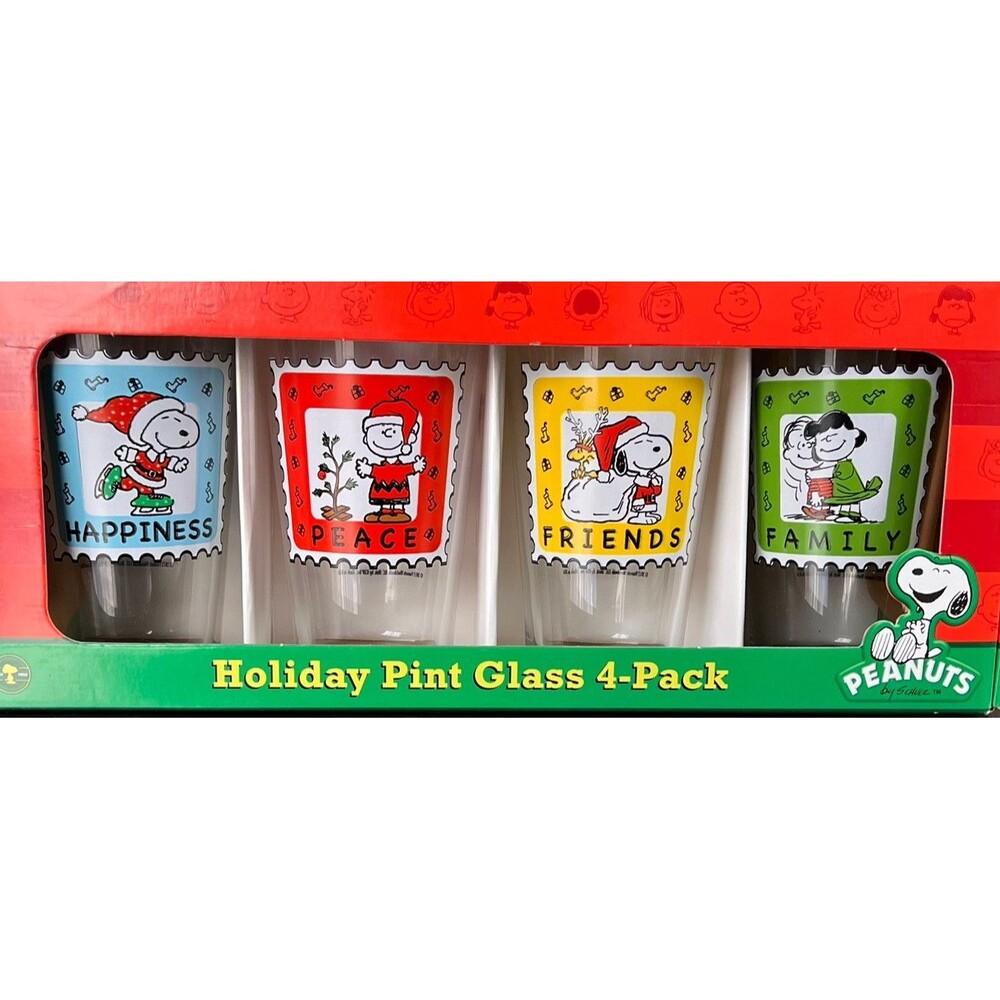 ICUP Snoopy‎ Peanuts Special Edition Holiday Stamps Christmas Pint Glass 4-Pack